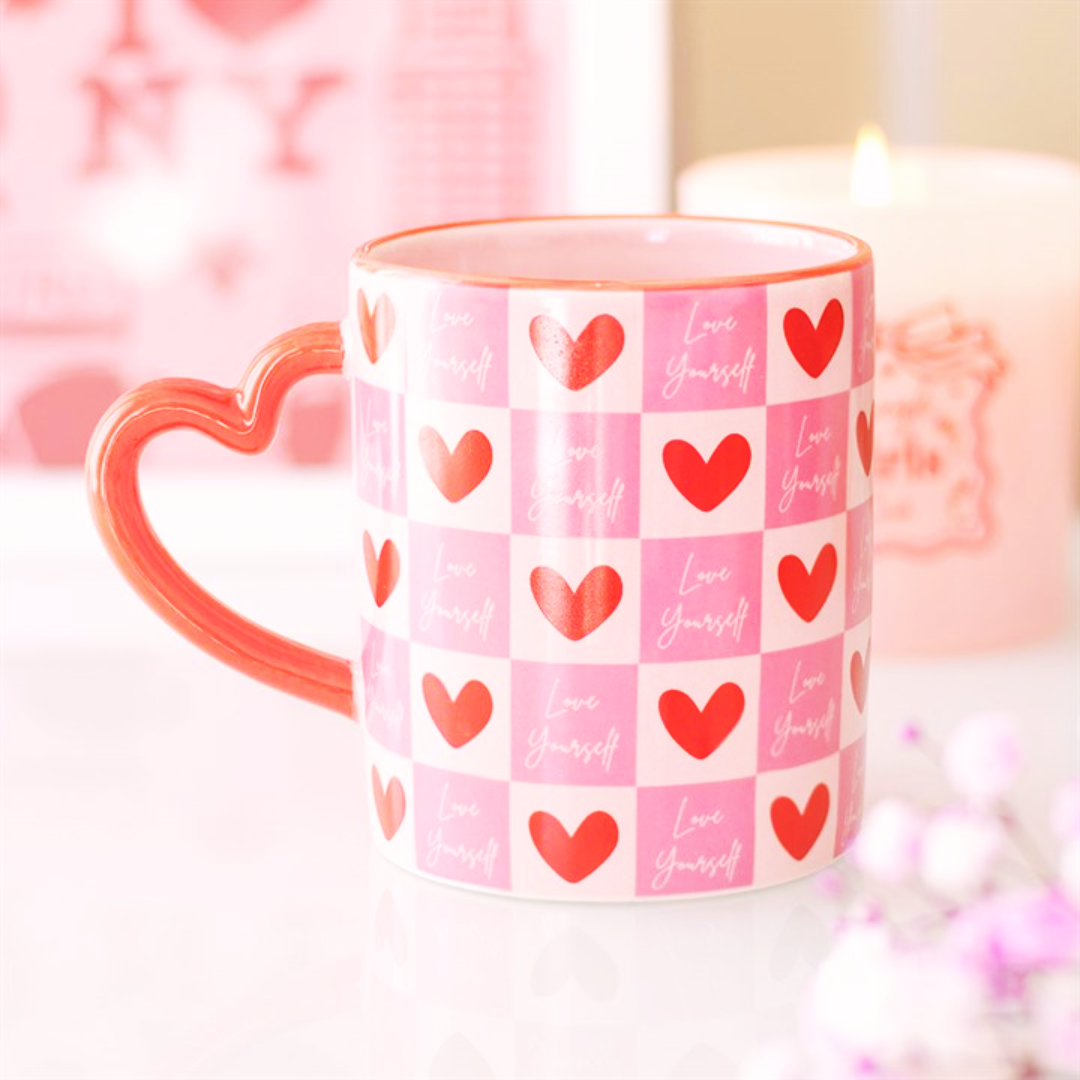 Love Yourself Checkered Heart-Handle Mug | Self Care Mug