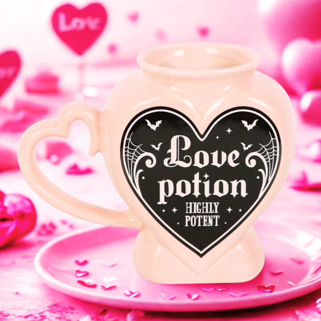 Love Potion Mug | Valentine’s Ceramic Mug with Pink Gothic Accents | Maliboo Magical Gift