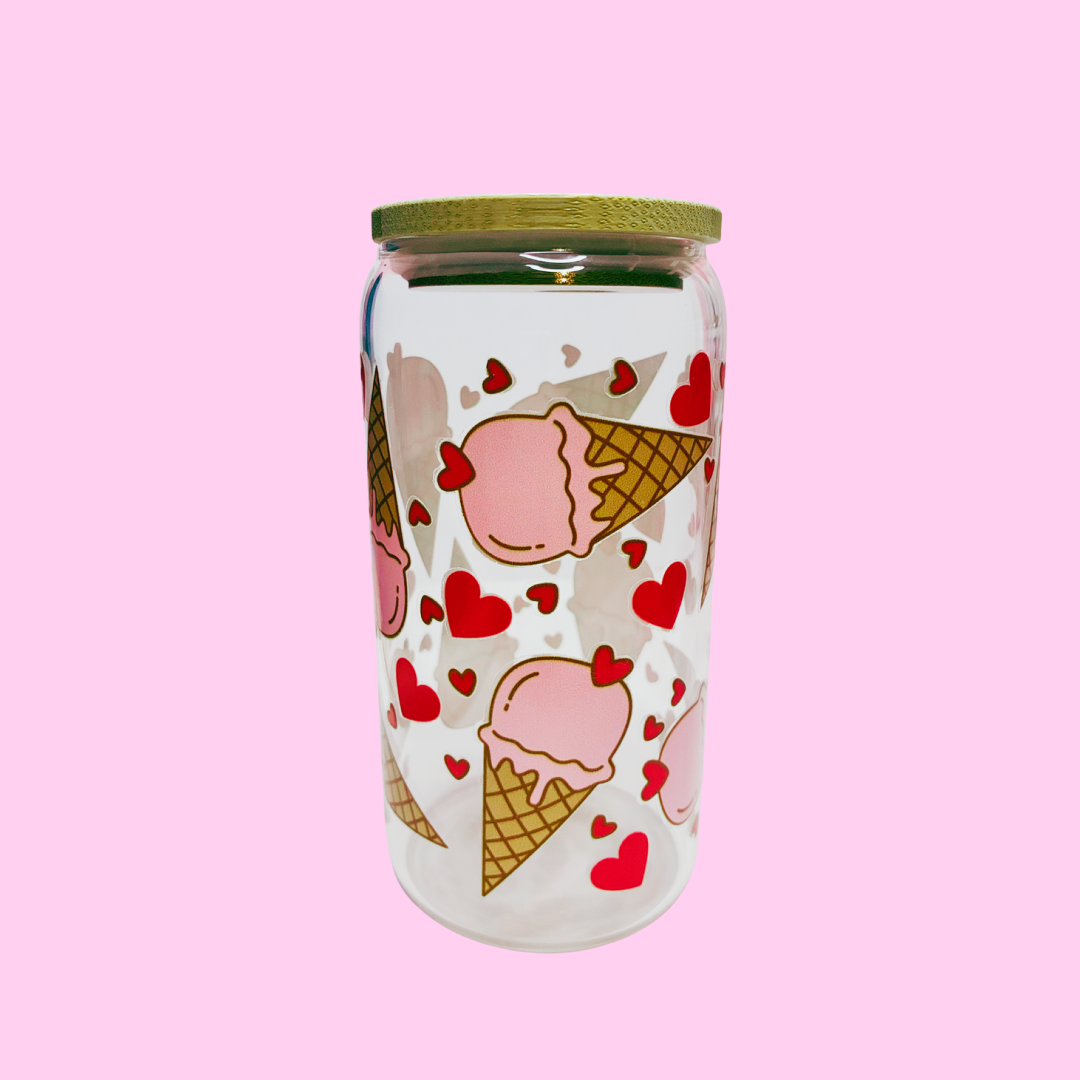 Strawberry Ice Cream Kisses Tumbler | 16oz Valentine’s Glass Cup