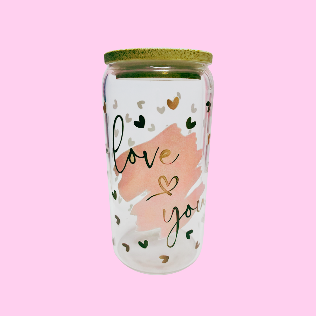 Love You Glass Tumbler | 16oz Valentine’s Cup with Glass Straw