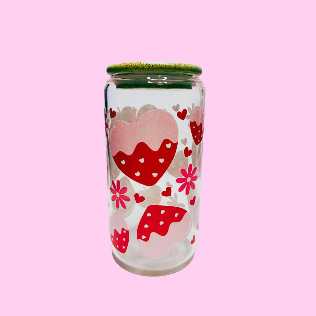 Strawberry Dripps Glass Tumbler | 16oz Cute Valentine’s Cup with Straw