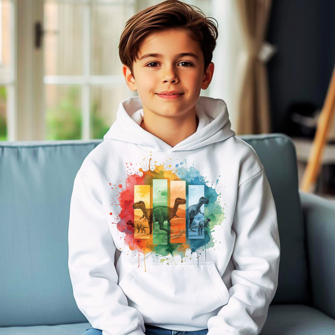 Watercolour Dinosaurs Kids Hoodie | Boys Dino Hoodie | The Maliboo Club Kids