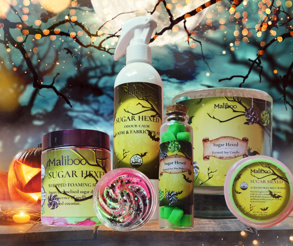Self-care bundle including full-size whipped soap, 250ml room and fabric spray, large glass candle, and a Dinky Tart wax melt, all vegan, cruelty-free, and fragranced.