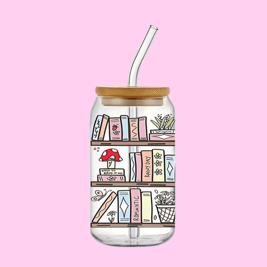 Book Shelf Collector 16oz Libbey Glass Tumbler | Cozy Book Lover Cup