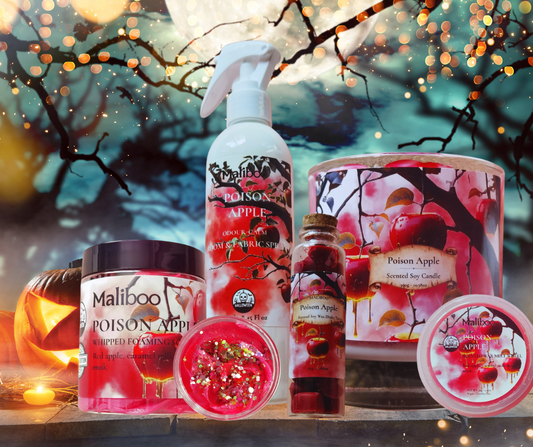 Self-care bundle including full-size whipped soap, 250ml room and fabric spray, large glass candle, and a Dinky Tart wax melt, all vegan, cruelty-free, and fragranced.