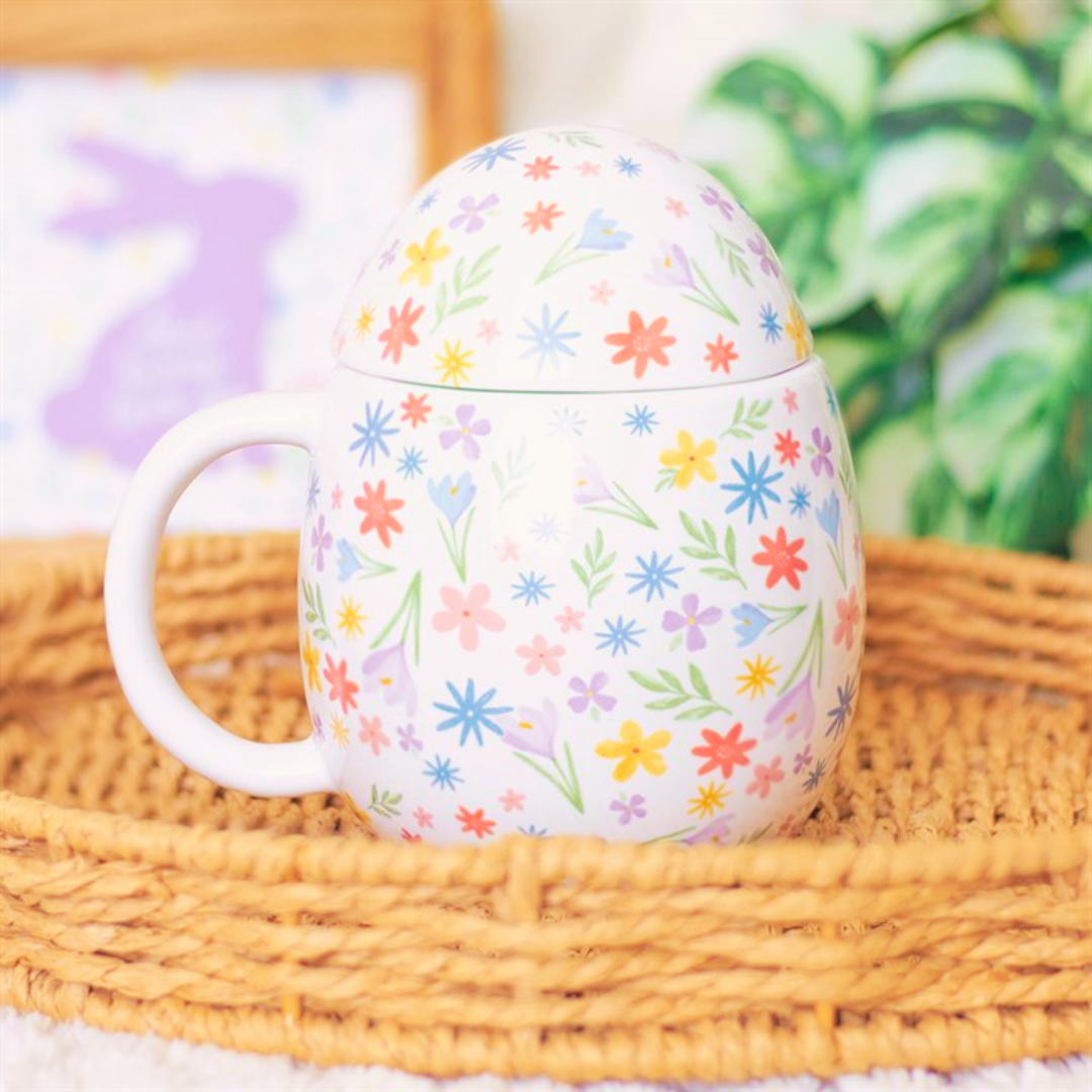 Easter Floral Ceramic Mug with Lid | 500ml Egg-Shaped Design