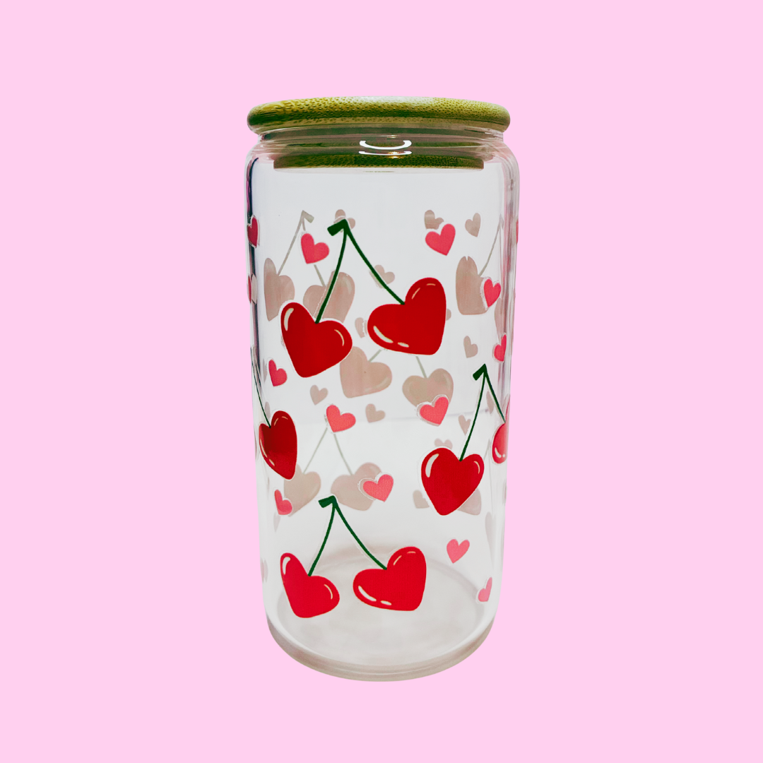 Cherry Love Hearts Glass Tumbler | 16oz Valentine’s Cup with Straw