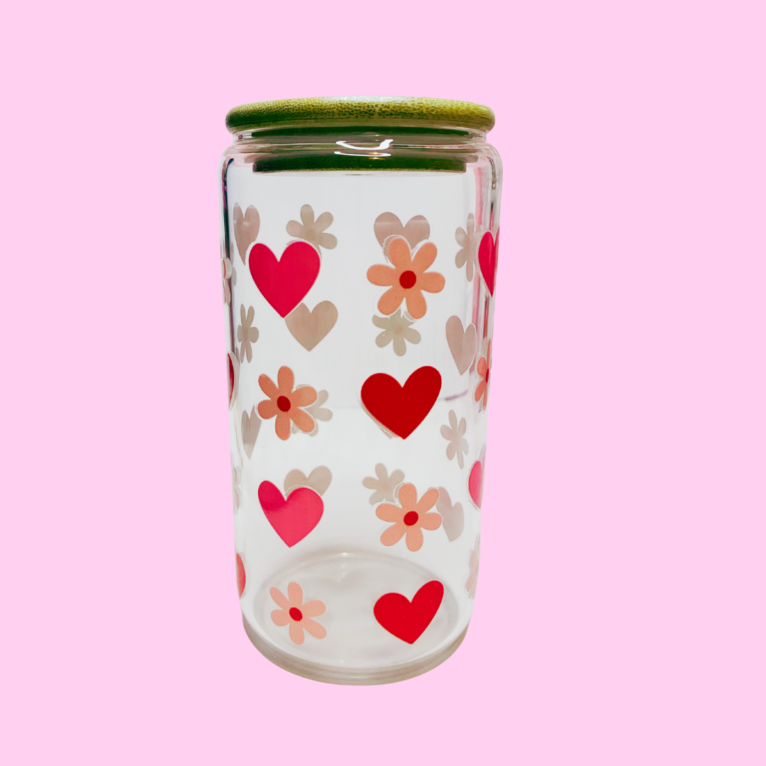 Hearts & Flowers Glass Tumbler | 16oz Valentine’s Cup with Straw