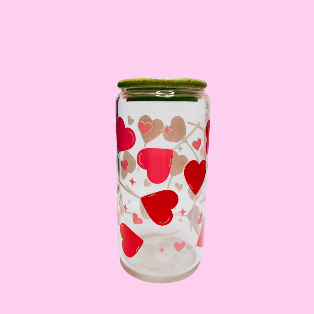 Candy Hearts Glass Tumbler | 16oz Valentine’s Cup with Straw
