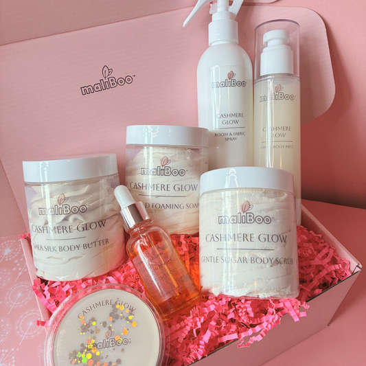 Maliboo Cashmere Glow Gift Set with body mist, body butter, and whipped soap in warm neutral packaging. Vegan, cruelty-free cozy scent collection.
