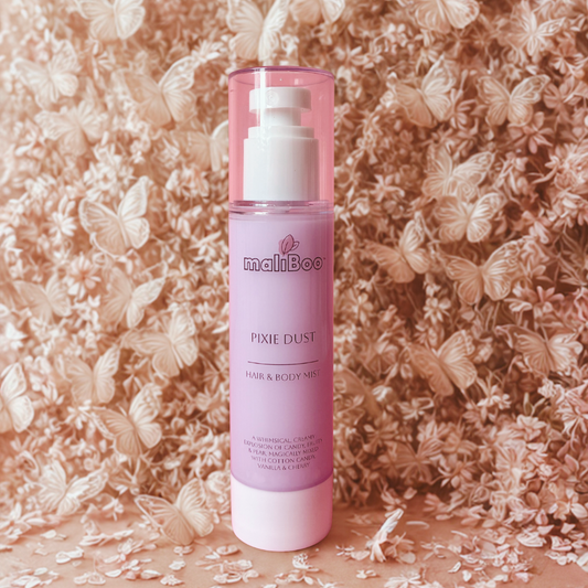 Maliboo Pixie Dust Hair and Body Mist bottle with soft pastel sparkle. Vegan, cruelty-free mist with magical floral-sweet scent