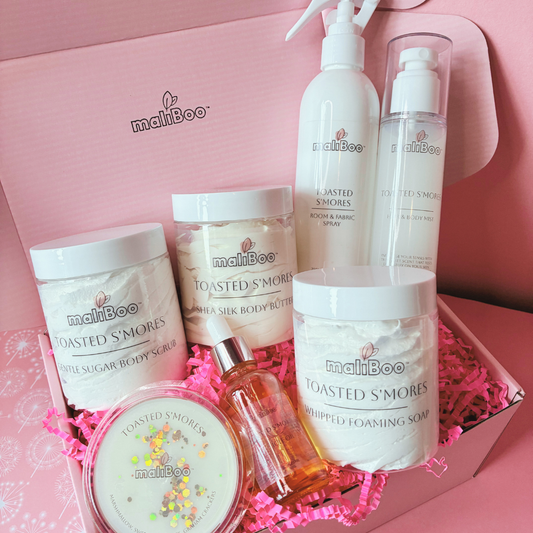 Maliboo Toasted S’mores Gift Set with body mist, body butter, and whipped soap styled with marshmallows and cocoa tones. Vegan, cozy sweet scents.