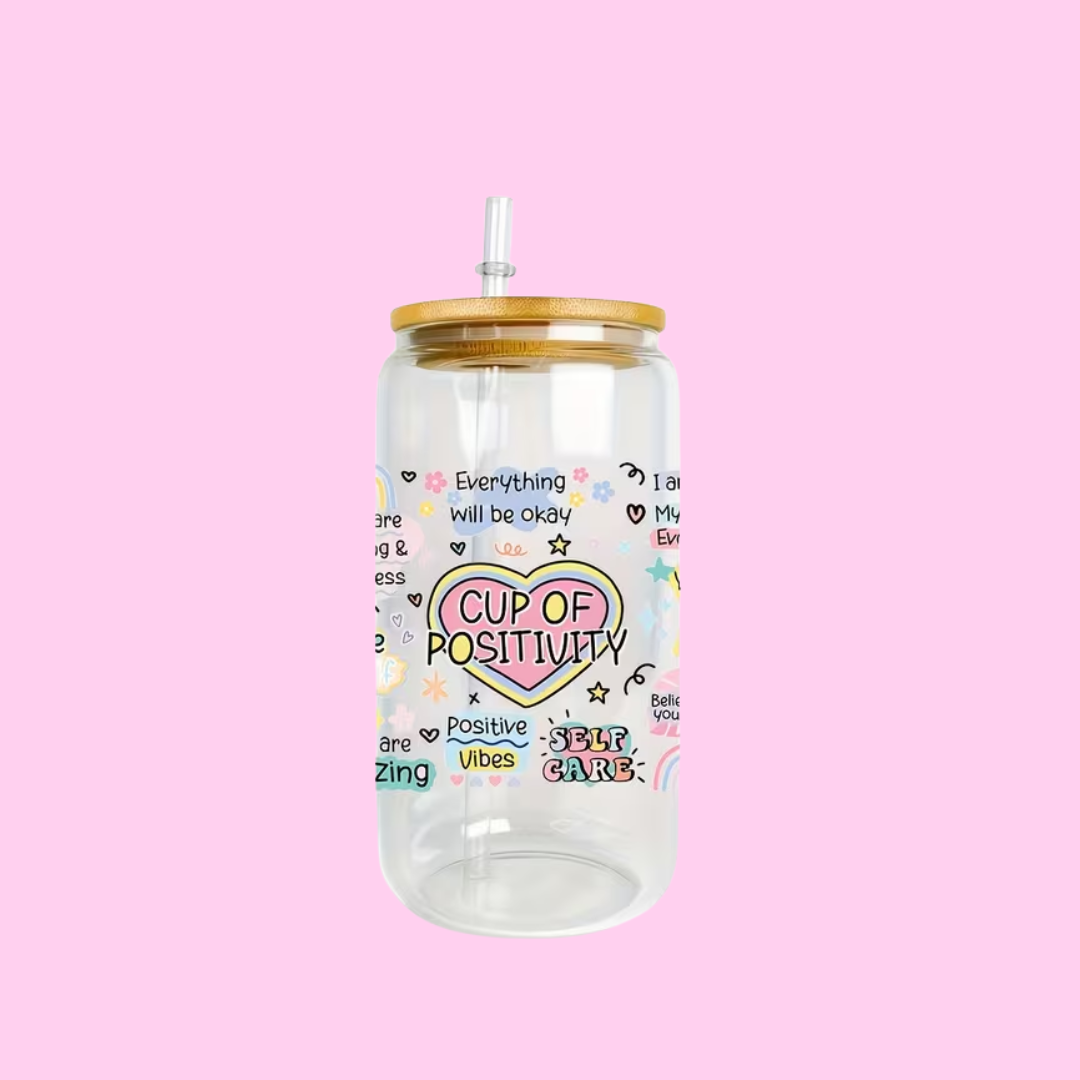 Cup Of Positivity | 16oz Glass Tumbler, Lid & Straw