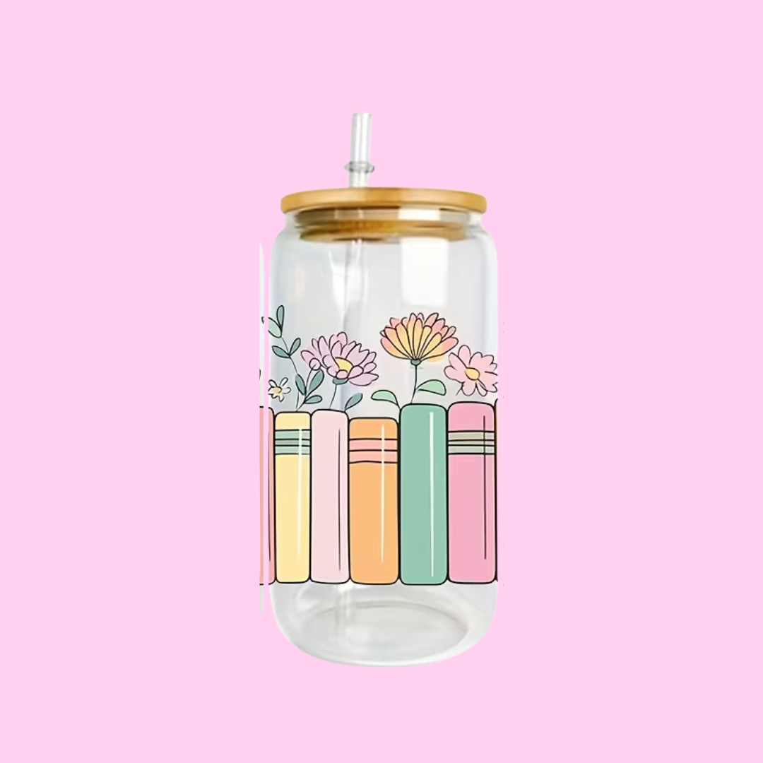 Book Lover | 16oz Aesthetic Glass Tumbler, Lid & Glass Straw
