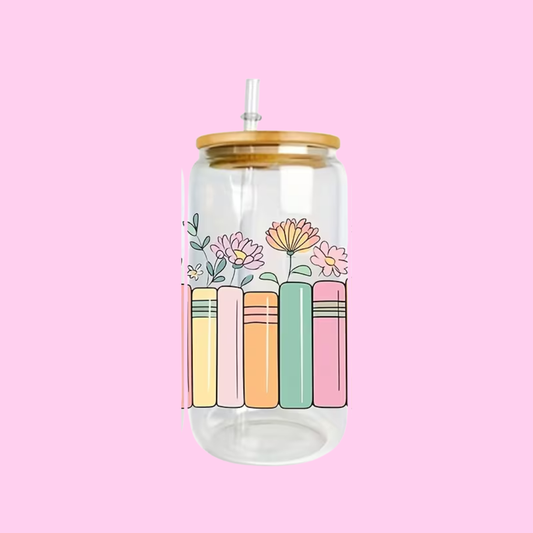 Book Lover | 16oz Aesthetic Glass Tumbler, Lid & Glass Straw
